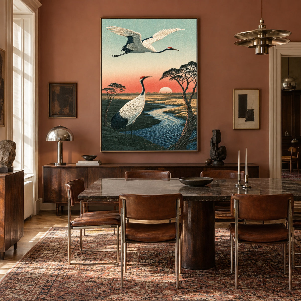 Cranes Along Sunset Water - interior setting 5 - expressive contemporary art painting
