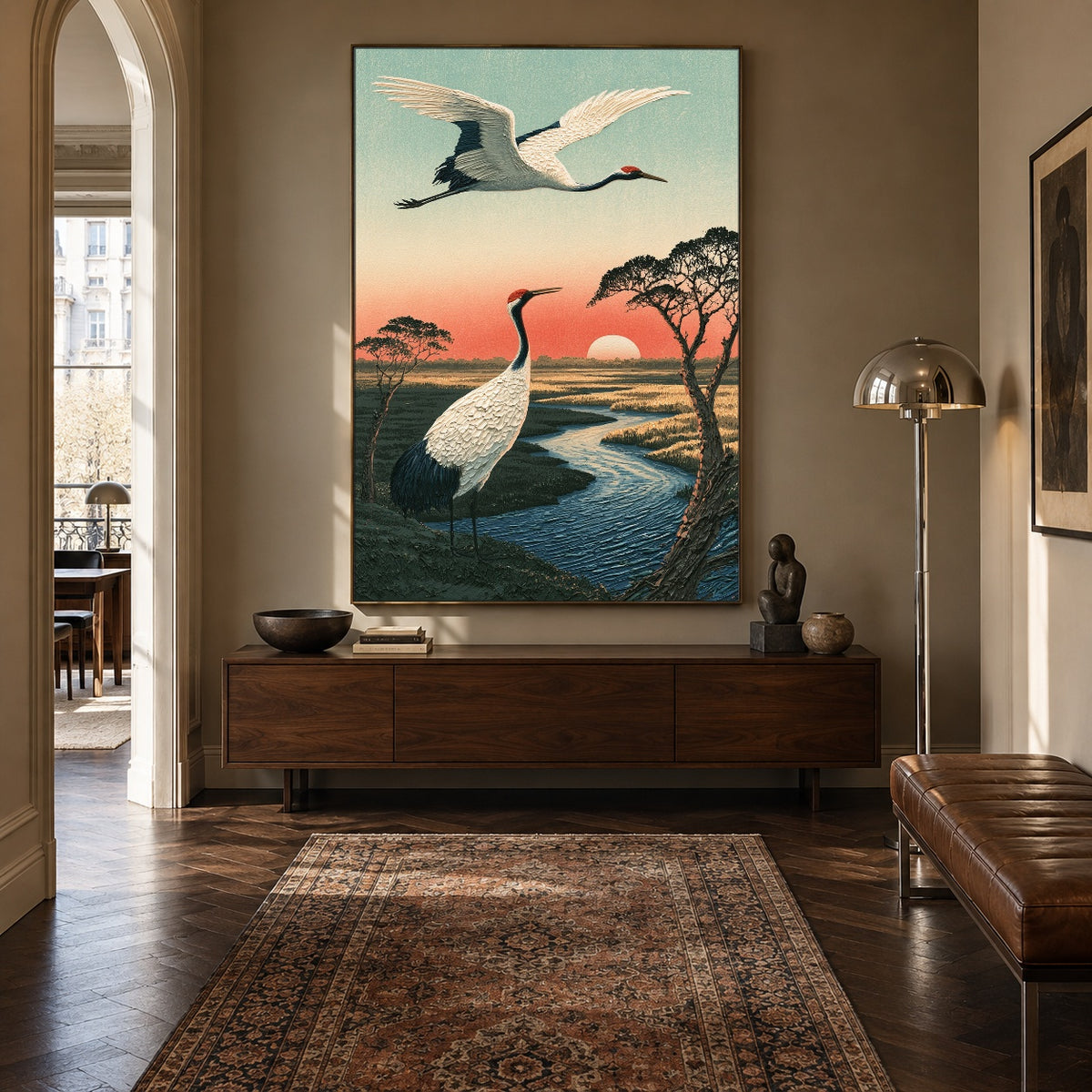 Cranes Along Sunset Water - interior setting 6 - expressive contemporary art painting