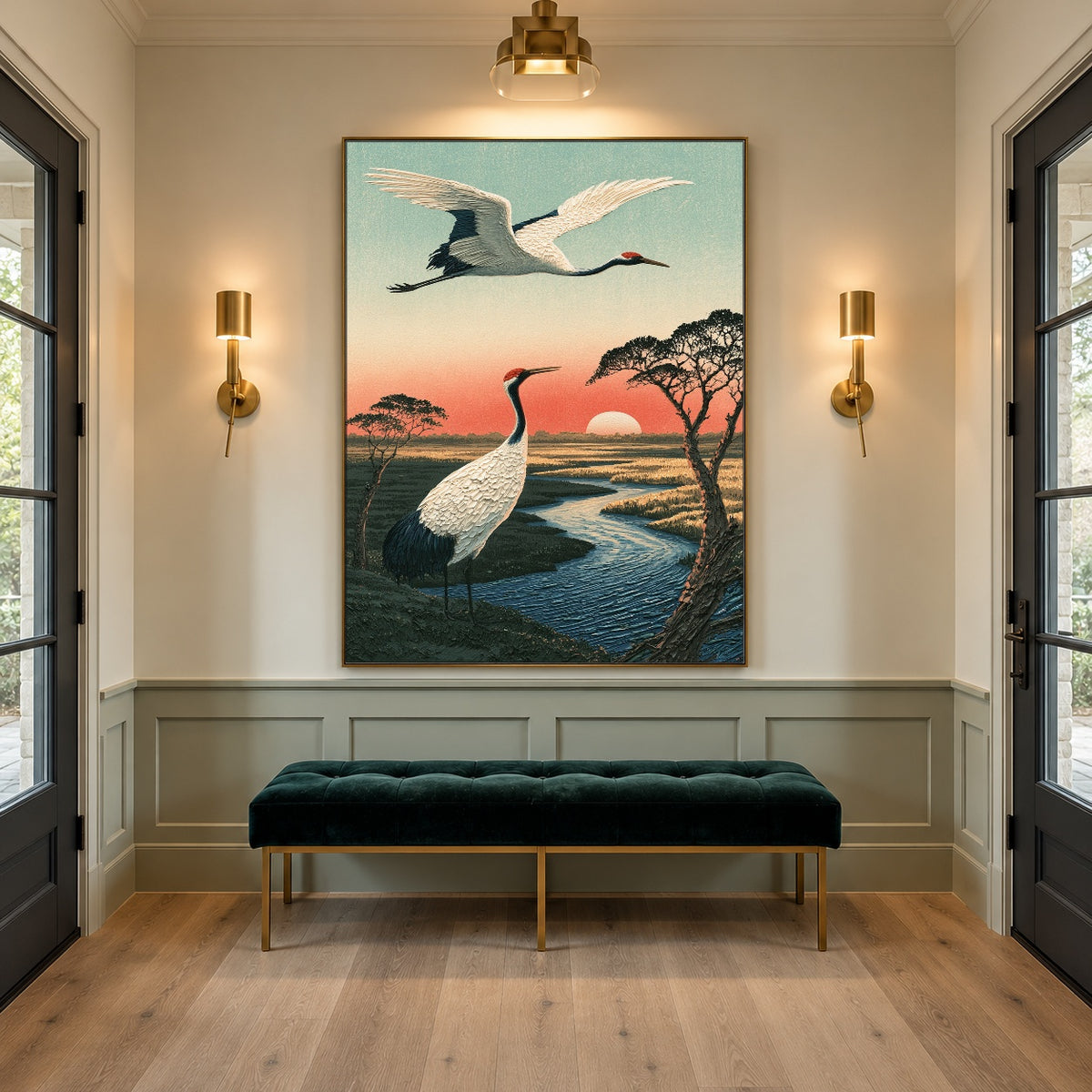Cranes Along Sunset Water - interior setting 7 - expressive contemporary art painting