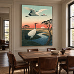 Cranes Along Sunset Water - interior setting 8 - expressive contemporary art painting