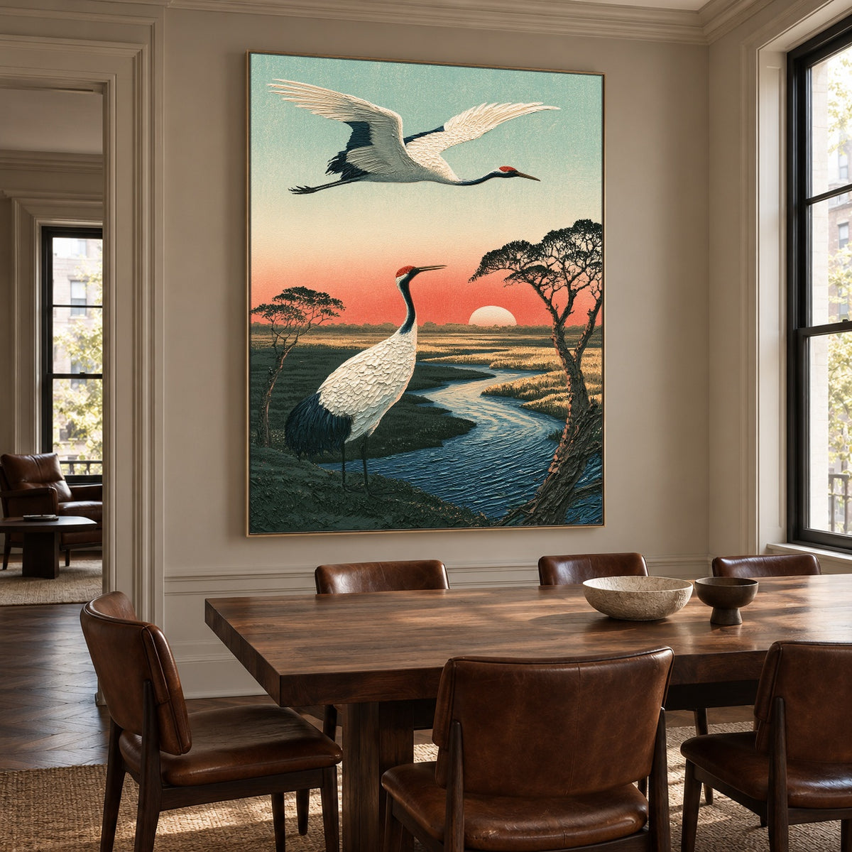 Cranes Along Sunset Water - interior setting 8 - expressive contemporary art painting