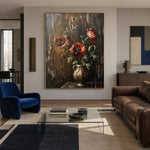 Crimson Poppies at Rest - interior setting 3 - expressive contemporary art painting