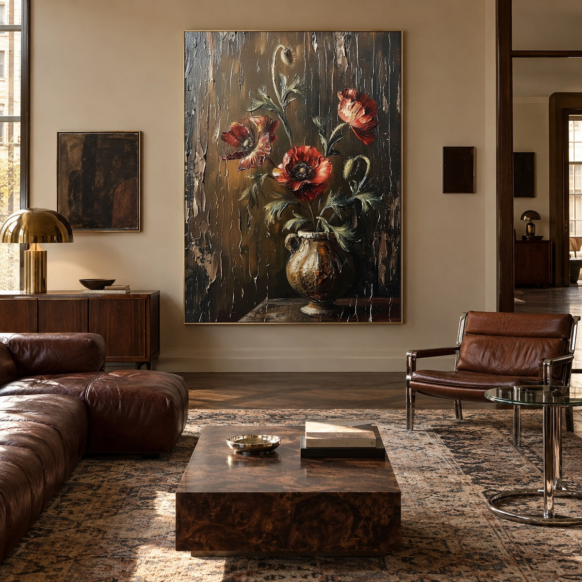 Crimson Poppies at Rest - interior setting 4 - expressive contemporary art painting