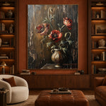 Crimson Poppies at Rest - interior setting 5 - expressive contemporary art painting