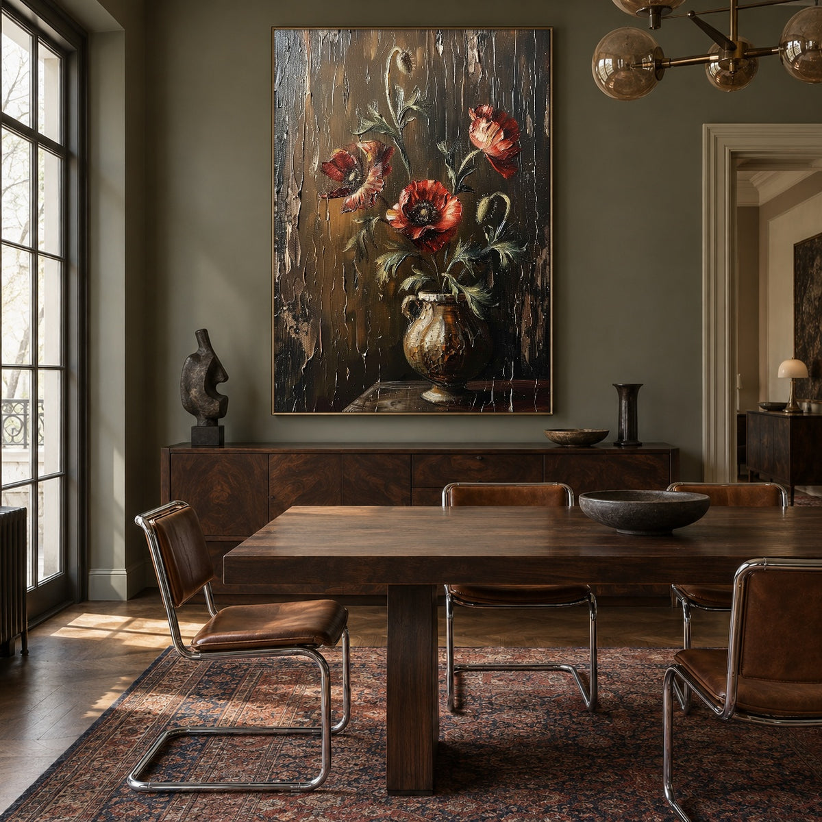 Crimson Poppies at Rest - interior setting 6 - expressive contemporary art painting