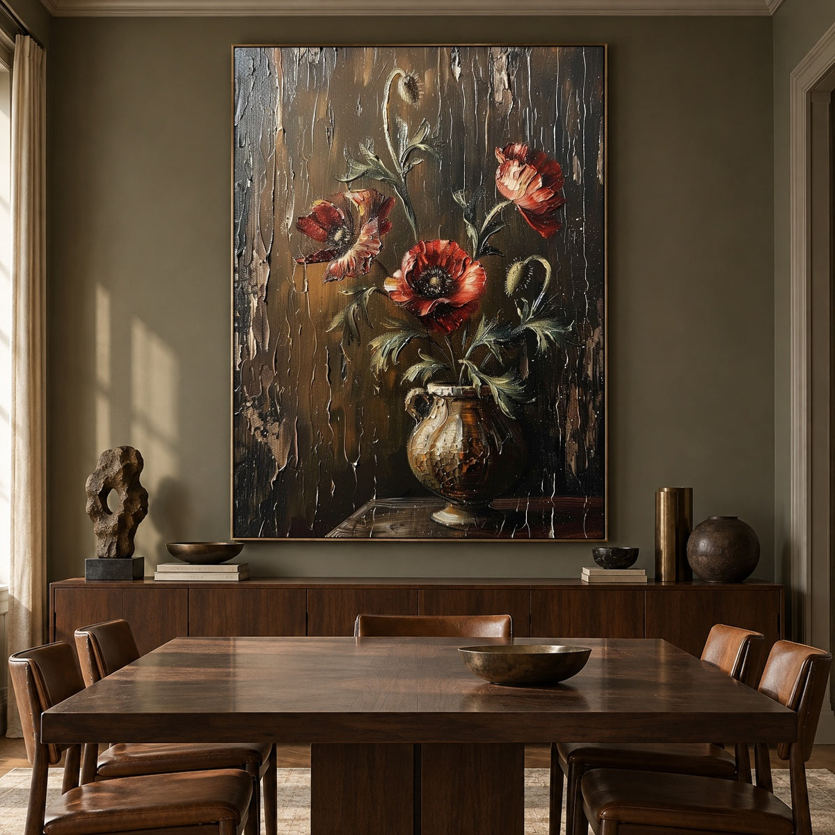 Crimson Poppies at Rest - interior setting 7 - expressive contemporary art painting