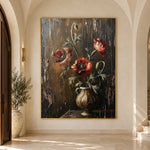 Crimson Poppies at Rest - interior setting 8 - expressive contemporary art painting