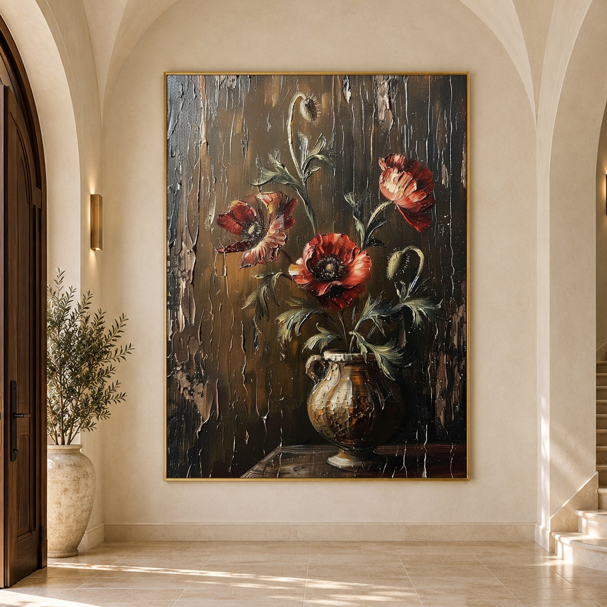 Crimson Poppies at Rest - interior setting 8 - expressive contemporary art painting