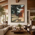 Deer Beyond Red Pillars - front-view living-room hero - expressive contemporary art painting