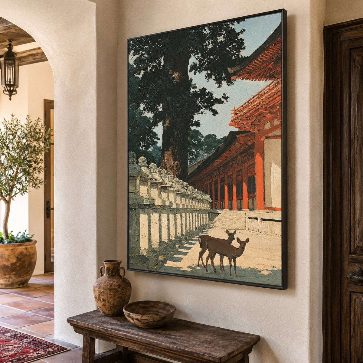Deer Beyond Red Pillars - oblique view - expressive contemporary art painting