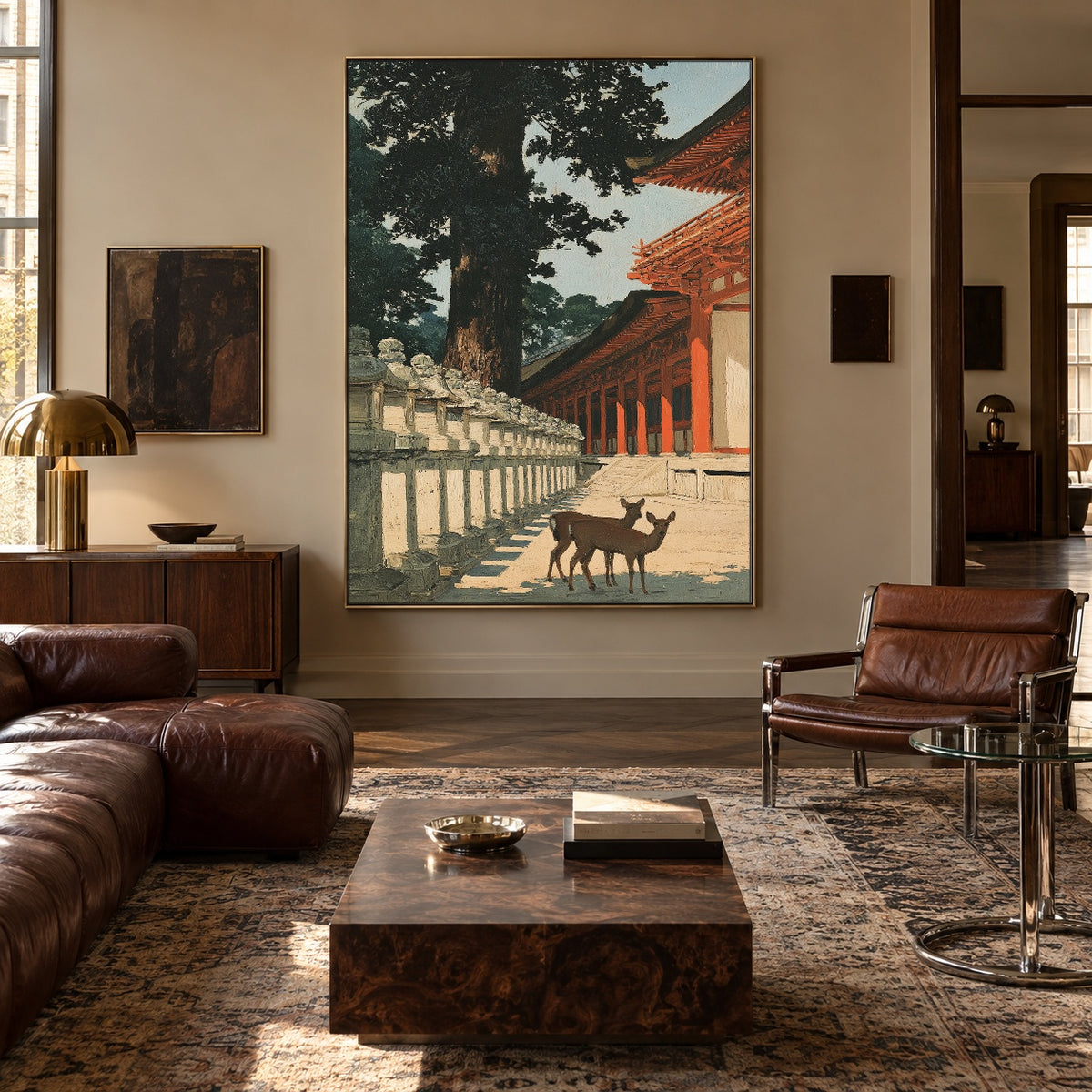 Deer Beyond Red Pillars - interior setting 3 - expressive contemporary art painting