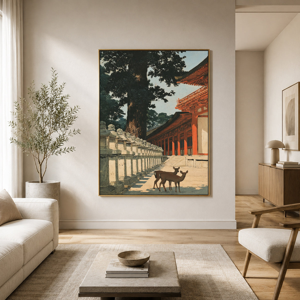 Deer Beyond Red Pillars - interior setting 4 - expressive contemporary art painting