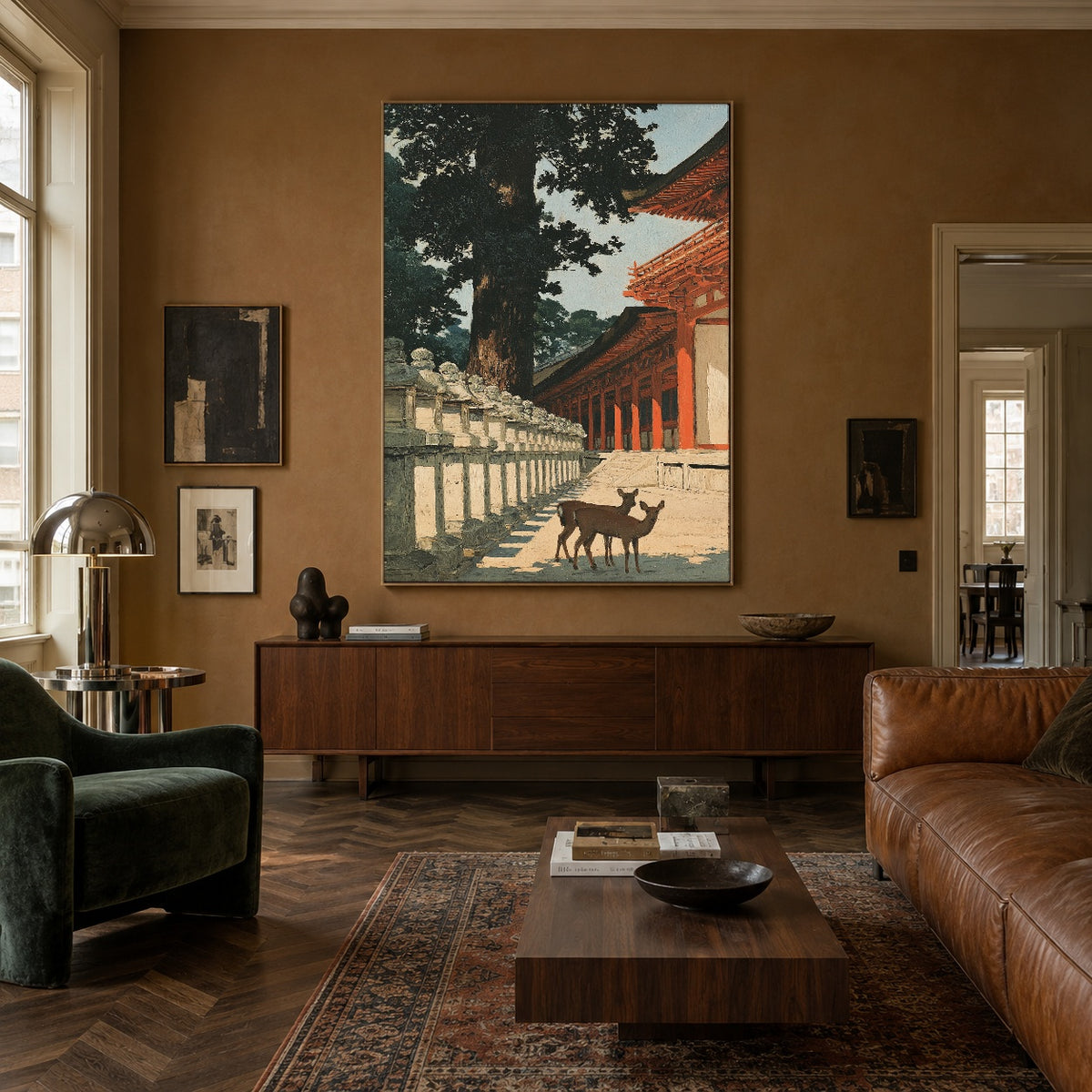 Deer Beyond Red Pillars - interior setting 5 - expressive contemporary art painting