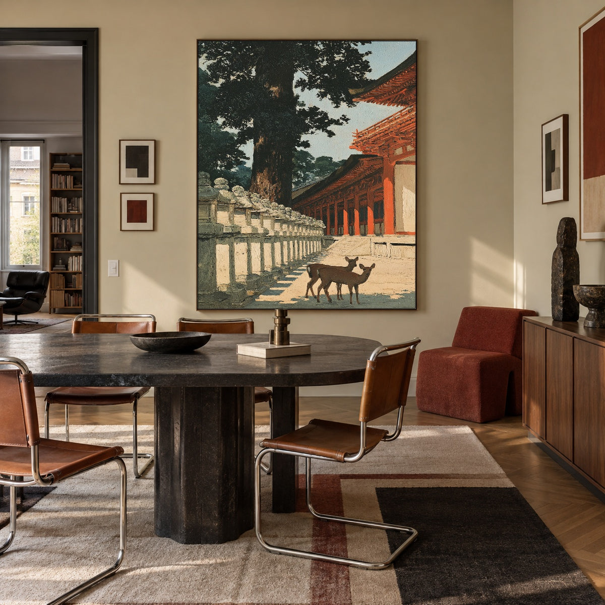 Deer Beyond Red Pillars - interior setting 6 - expressive contemporary art painting