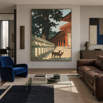 Deer Beyond Red Pillars - interior setting 7 - expressive contemporary art painting