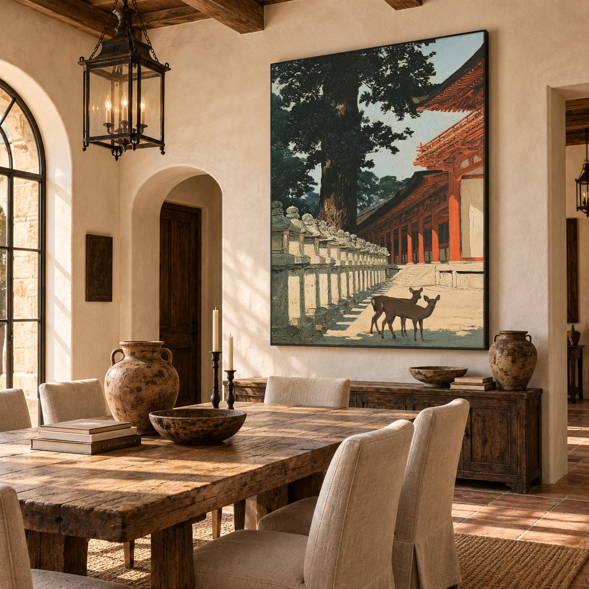 Deer Beyond Red Pillars - interior setting 8 - expressive contemporary art painting