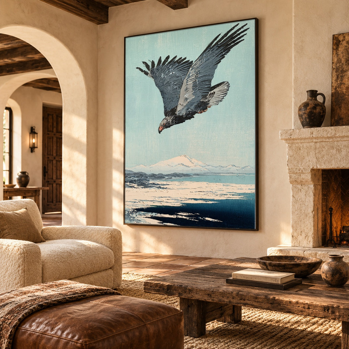 Eagle Above Open Water - oblique view - expressive contemporary art painting
