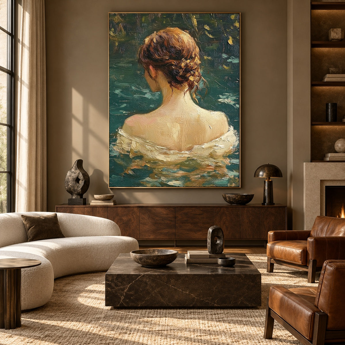 Emerald Water Reverie - front-view living-room hero - expressive contemporary art painting