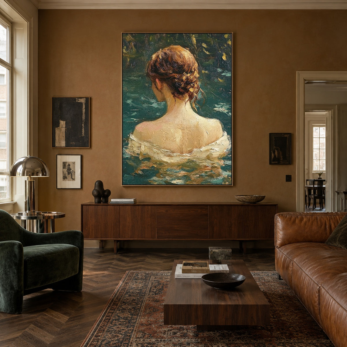 Emerald Water Reverie - interior setting 3 - expressive contemporary art painting