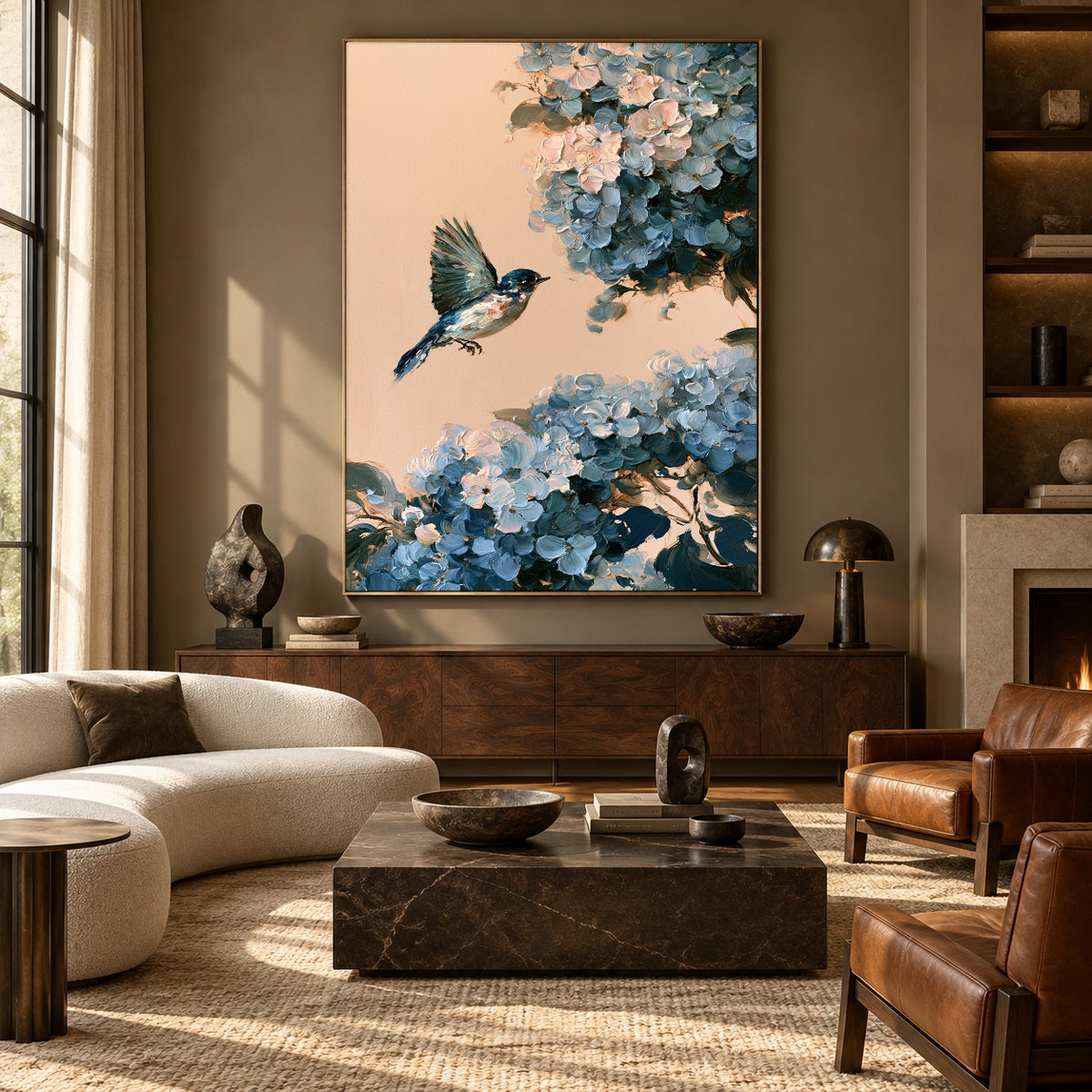 Flight Through Blue Blossoms - front-view living-room hero - expressive contemporary art painting