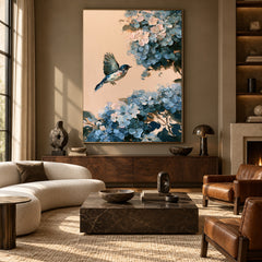Flight Through Blue Blossoms - front-view living-room hero - expressive contemporary art painting
