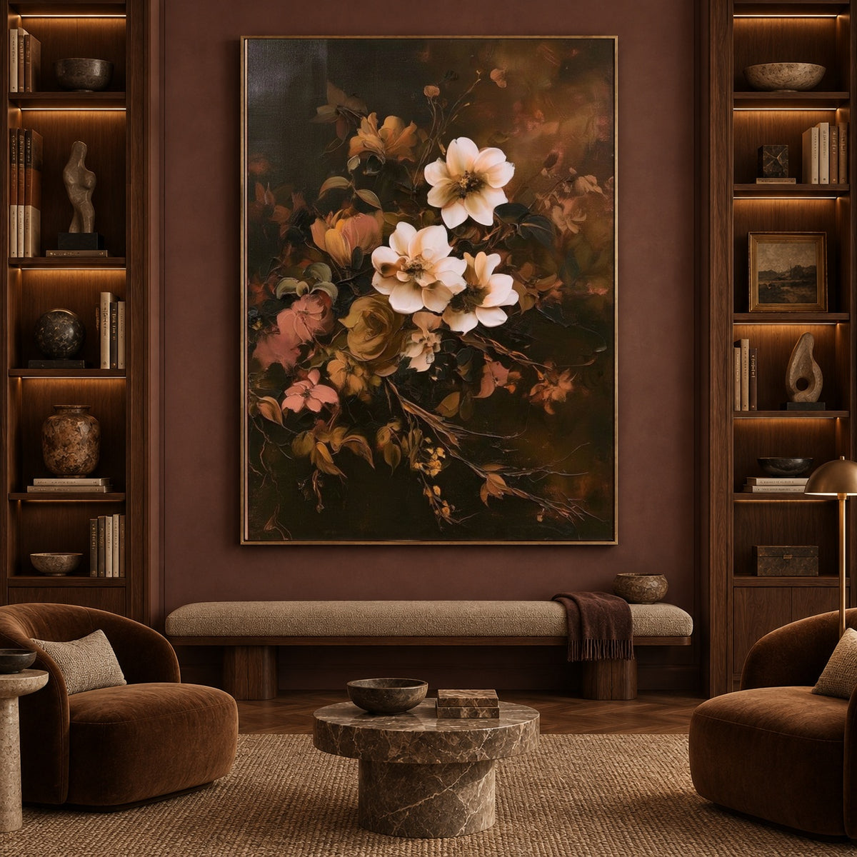 Flowers After Candlelight - front-view living-room hero - expressive contemporary art painting