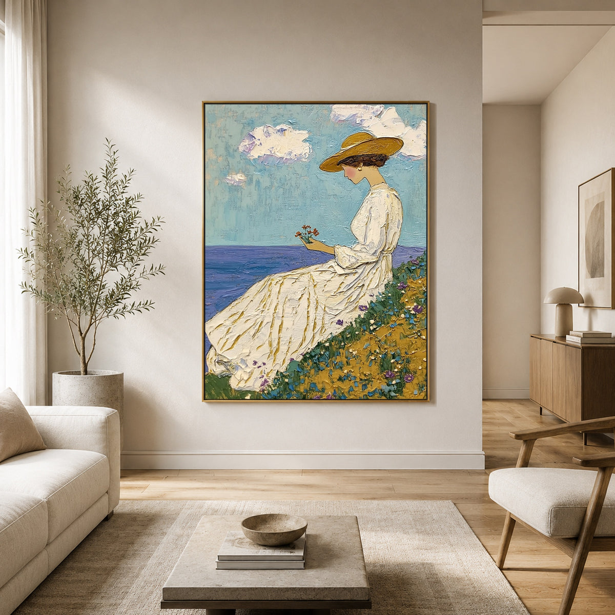 Golden Flowers Ocean Air - front-view living-room hero - expressive contemporary art painting