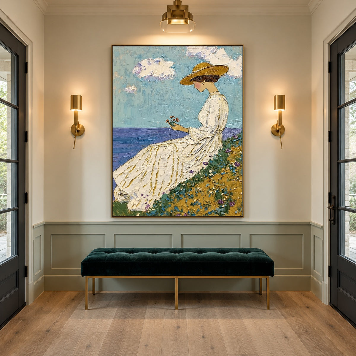 Golden Flowers Ocean Air - interior setting 6 - expressive contemporary art painting