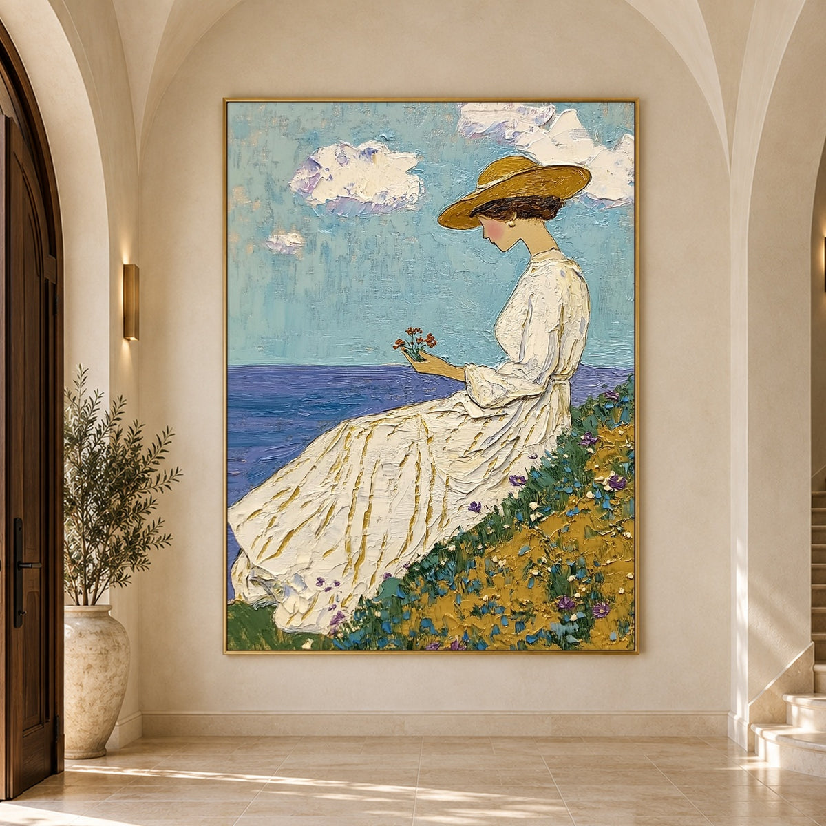 Golden Flowers Ocean Air - interior setting 7 - expressive contemporary art painting