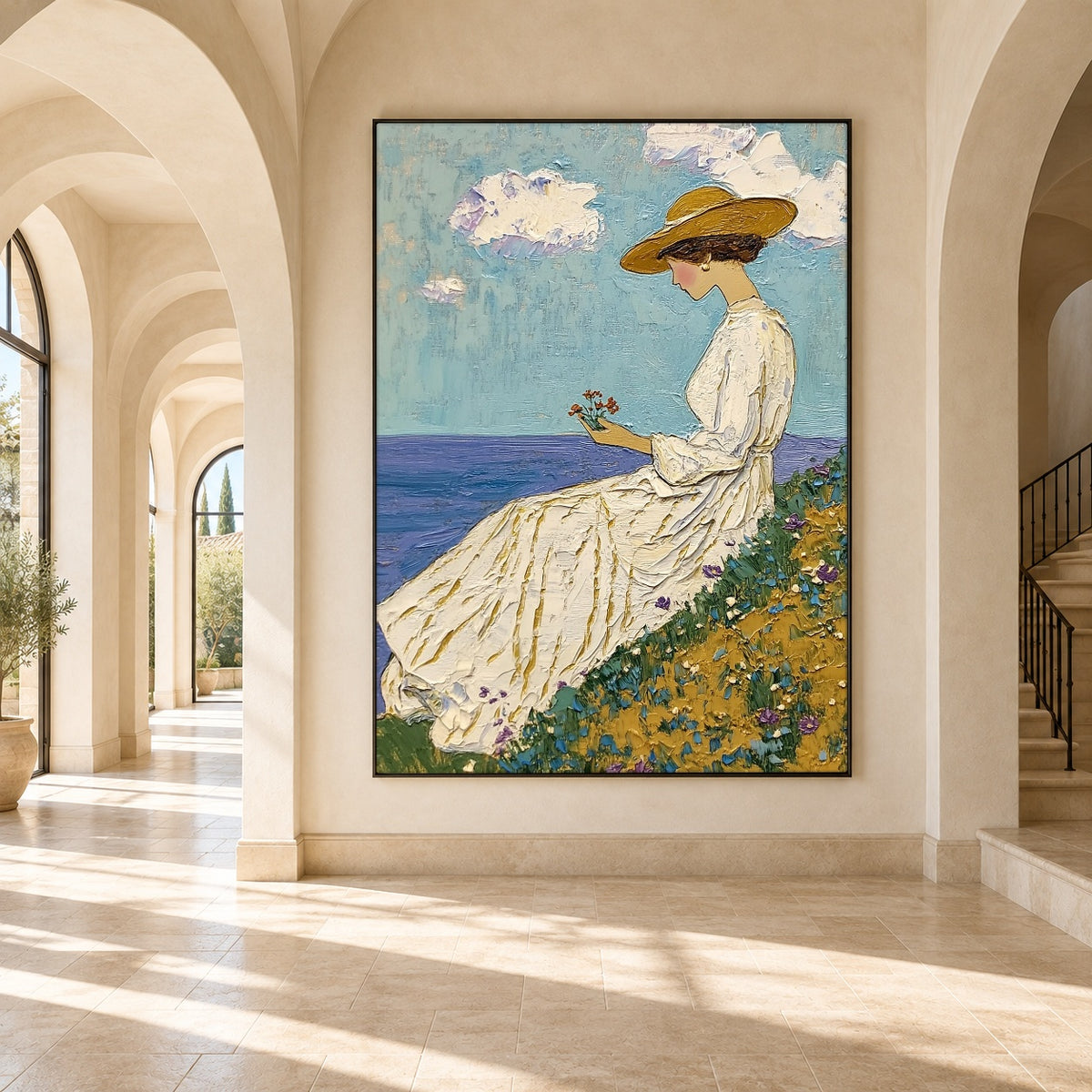Golden Flowers Ocean Air - interior setting 8 - expressive contemporary art painting