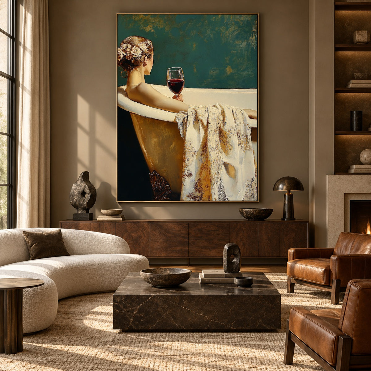 Held by Evening - front-view living-room hero - expressive contemporary art painting