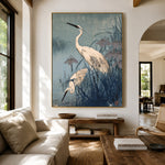 Herons in Blue Reeds - front-view living-room hero - expressive contemporary art painting