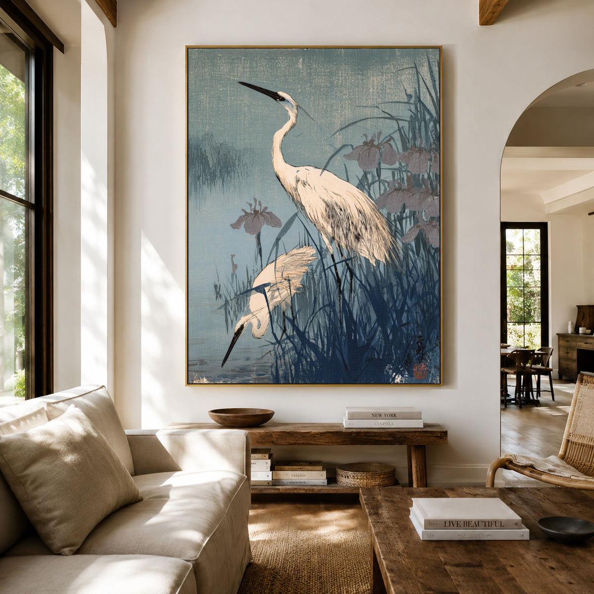 Herons in Blue Reeds - front-view living-room hero - expressive contemporary art painting