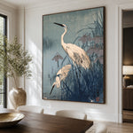 Herons in Blue Reeds - oblique view - expressive contemporary art painting