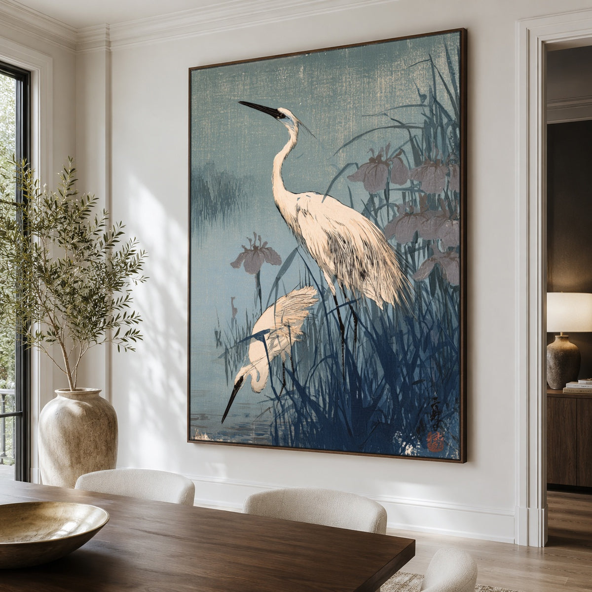 Herons in Blue Reeds - oblique view - expressive contemporary art painting