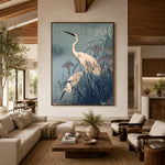 Herons in Blue Reeds - interior setting 3 - expressive contemporary art painting