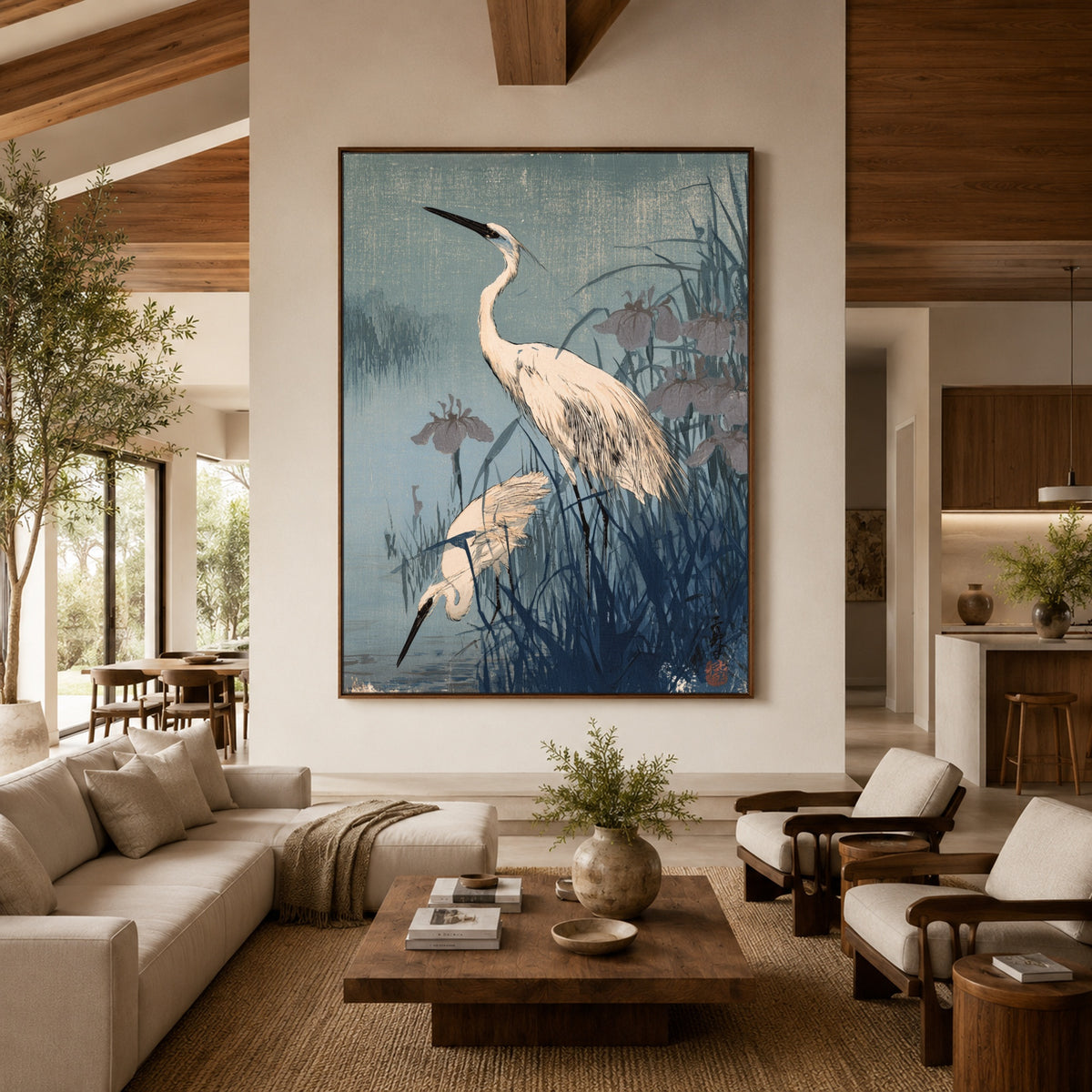 Herons in Blue Reeds - interior setting 3 - expressive contemporary art painting