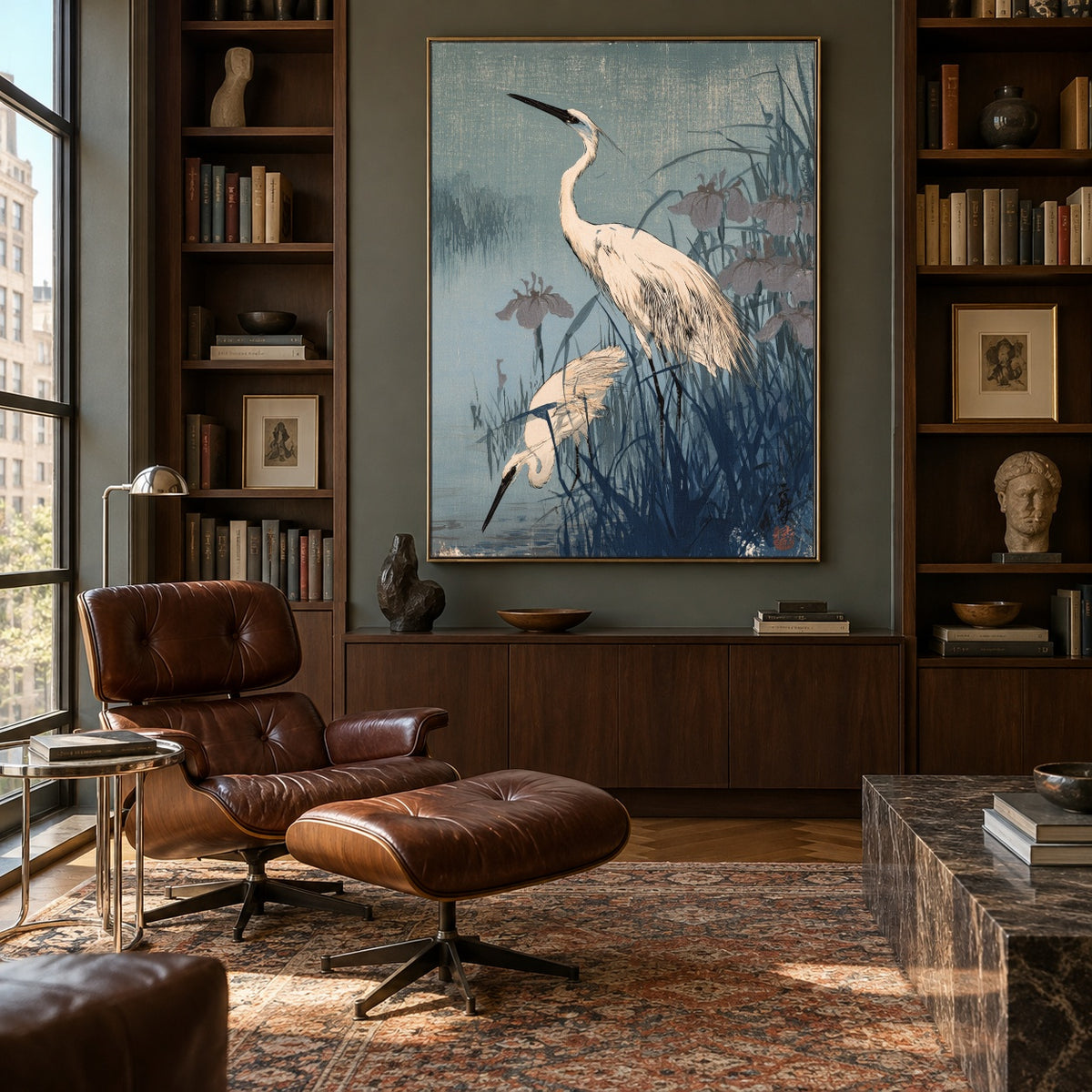 Herons in Blue Reeds - interior setting 4 - expressive contemporary art painting