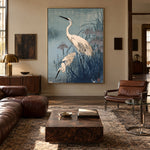 Herons in Blue Reeds - interior setting 5 - expressive contemporary art painting