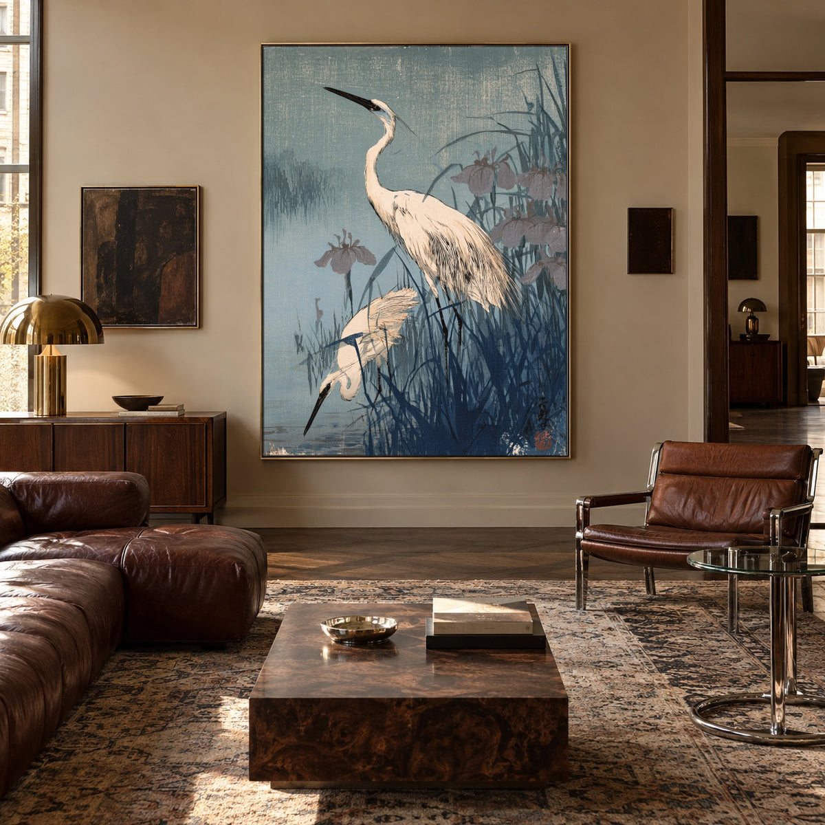 Herons in Blue Reeds - interior setting 5 - expressive contemporary art painting