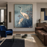 Herons in Blue Reeds - interior setting 6 - expressive contemporary art painting