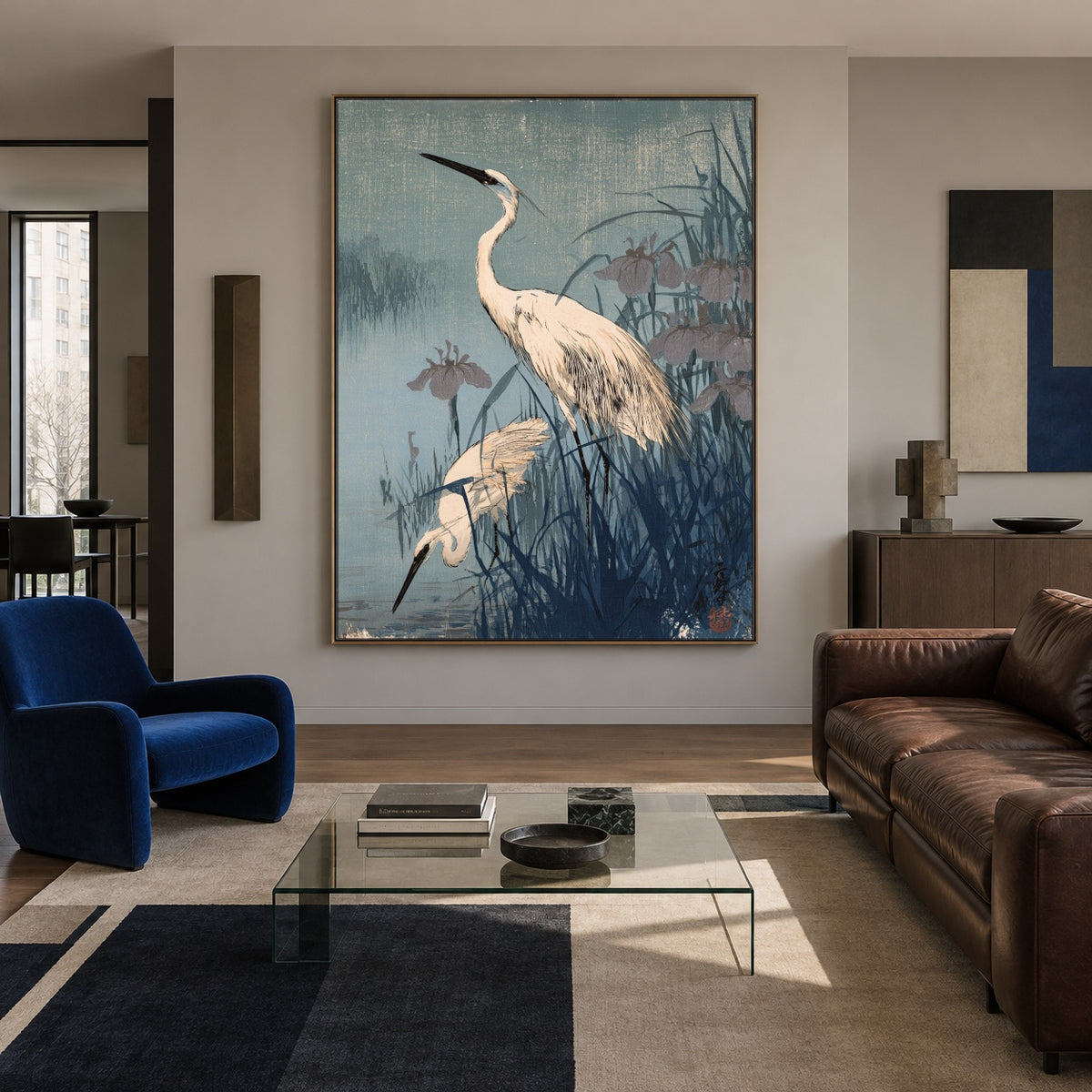Herons in Blue Reeds - interior setting 6 - expressive contemporary art painting