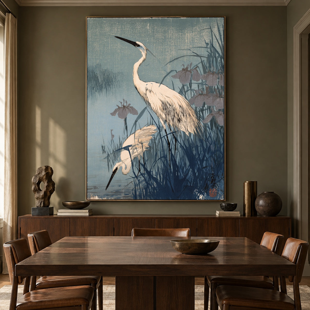 Herons in Blue Reeds - interior setting 7 - expressive contemporary art painting