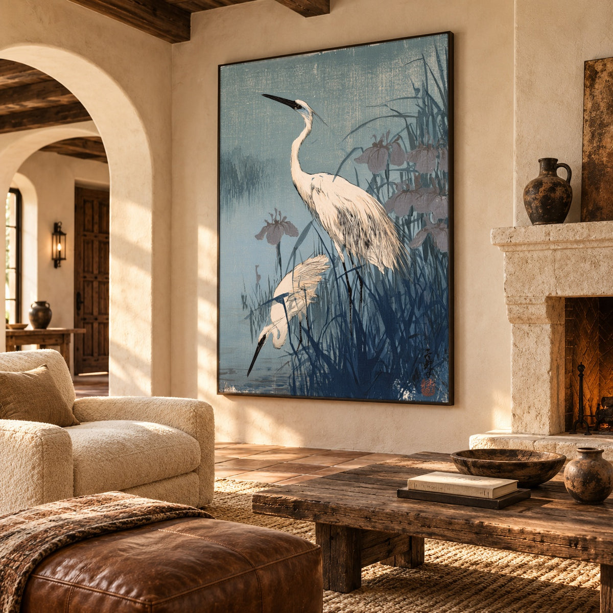 Herons in Blue Reeds - interior setting 8 - expressive contemporary art painting