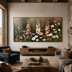 Hollyhock Evening Chorus - front-view living-room hero - expressive contemporary art painting