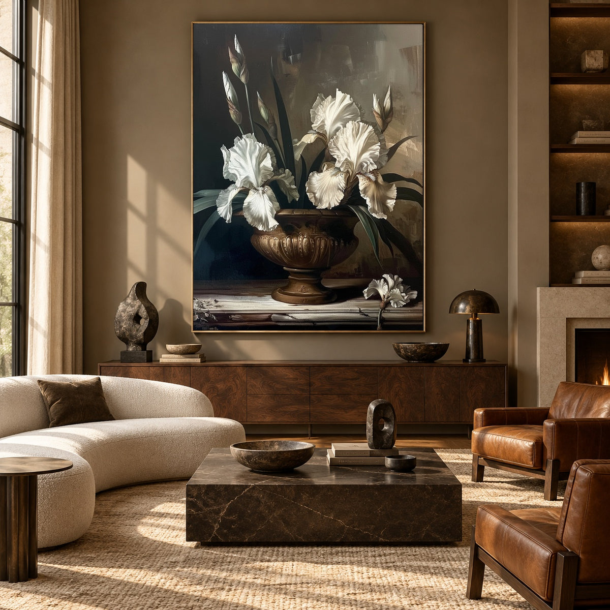 Ivory Iris Bronze Bowl - front-view living-room hero - expressive contemporary art painting