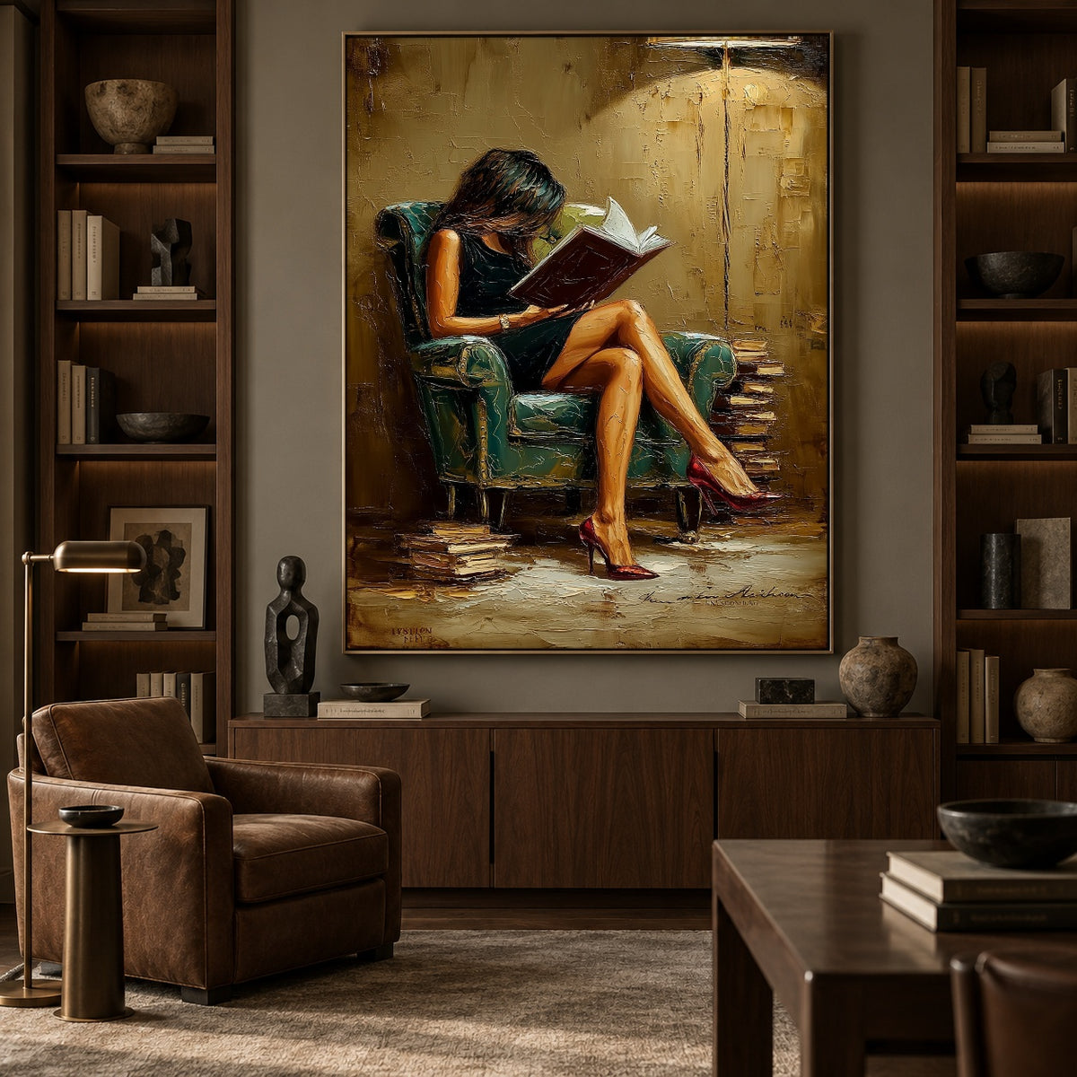 Lamplit Literary Hours - interior setting 4 - expressive contemporary art painting