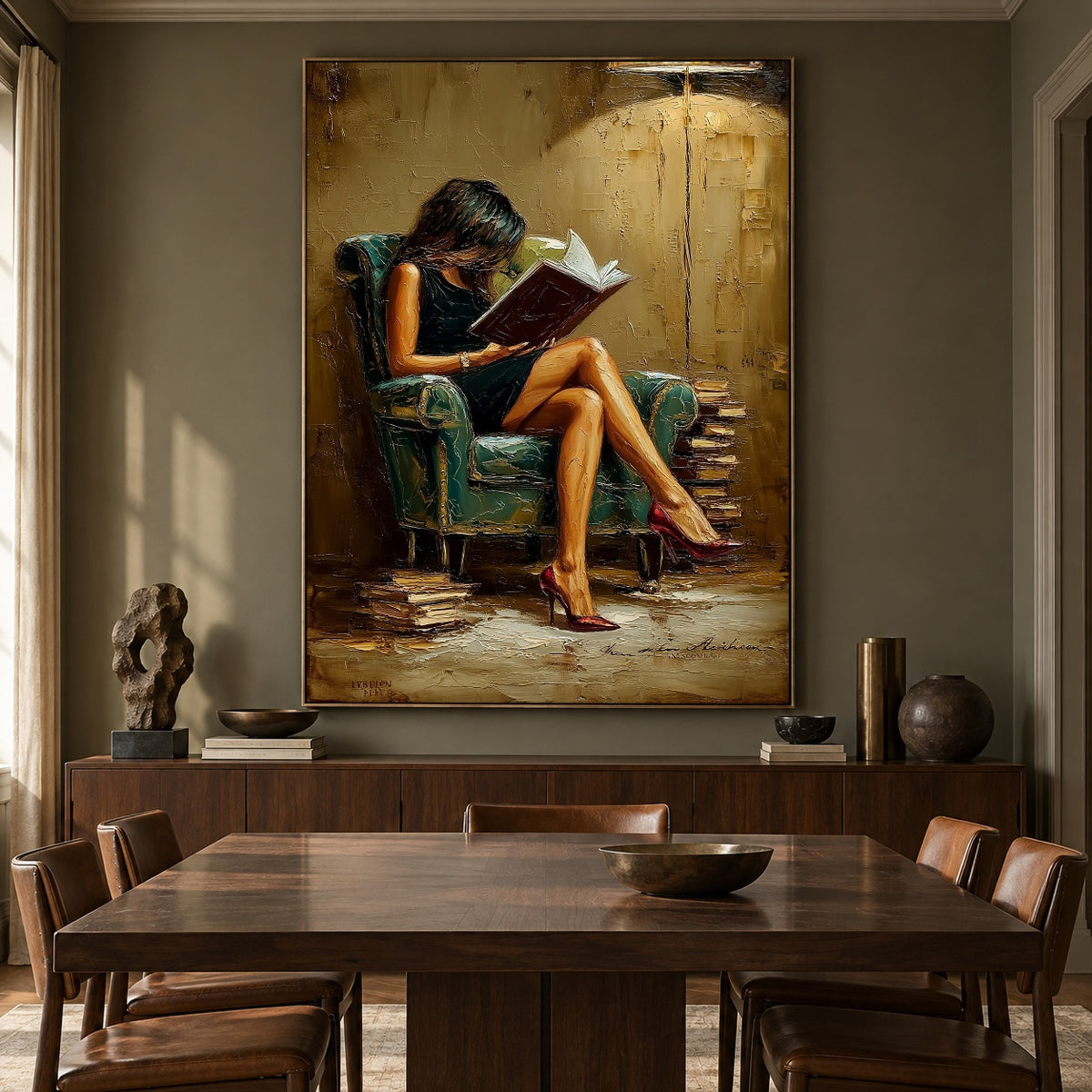 Lamplit Literary Hours - interior setting 7 - expressive contemporary art painting