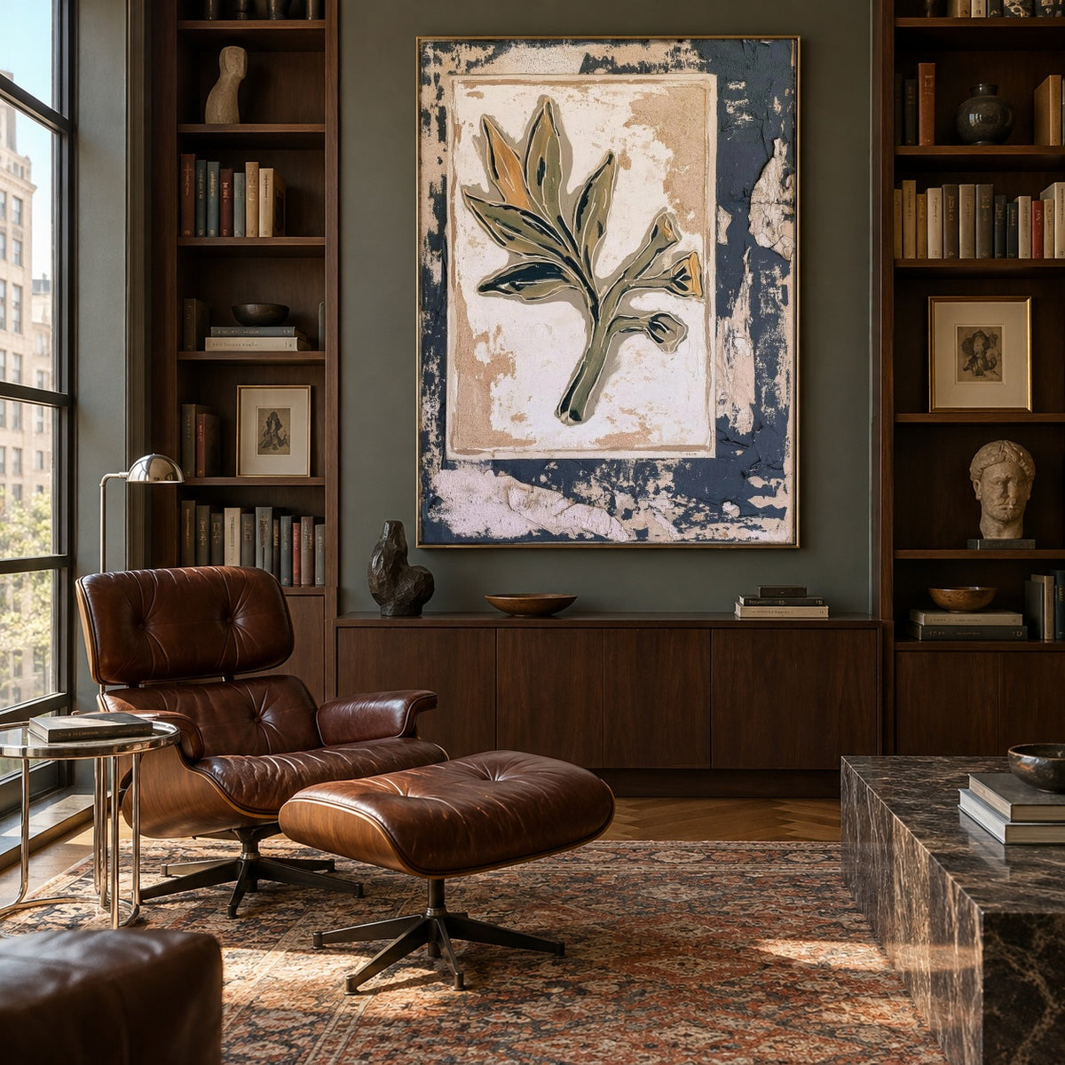 Leaf on Weathered Paper - front-view living-room hero - expressive contemporary art painting