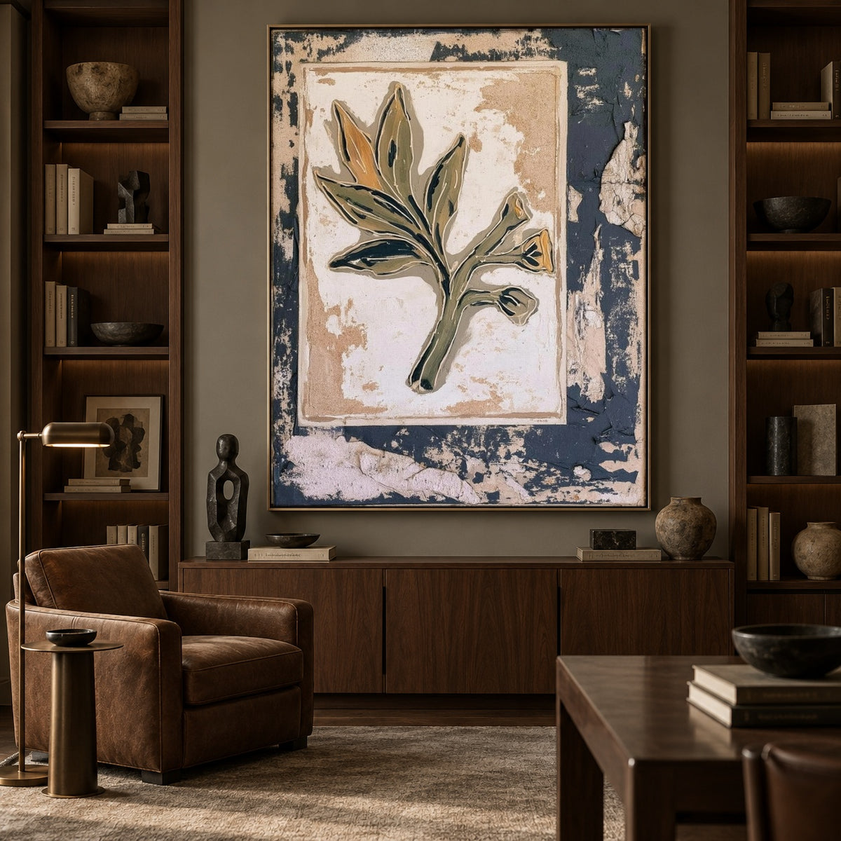 Leaf on Weathered Paper - interior setting 6 - expressive contemporary art painting